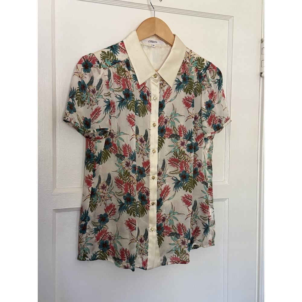 VTG Y2K Floral Print Silk Short Sleeve Button Up Blouse Resort‎ Vacation Sz S